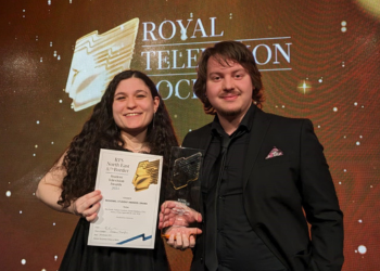 Caption: Chiara Ingravallo and Nathan Goodison from Northumbria University collect the award for Best Student Drama at the Royal Television Society Awards for the North East and Borders.