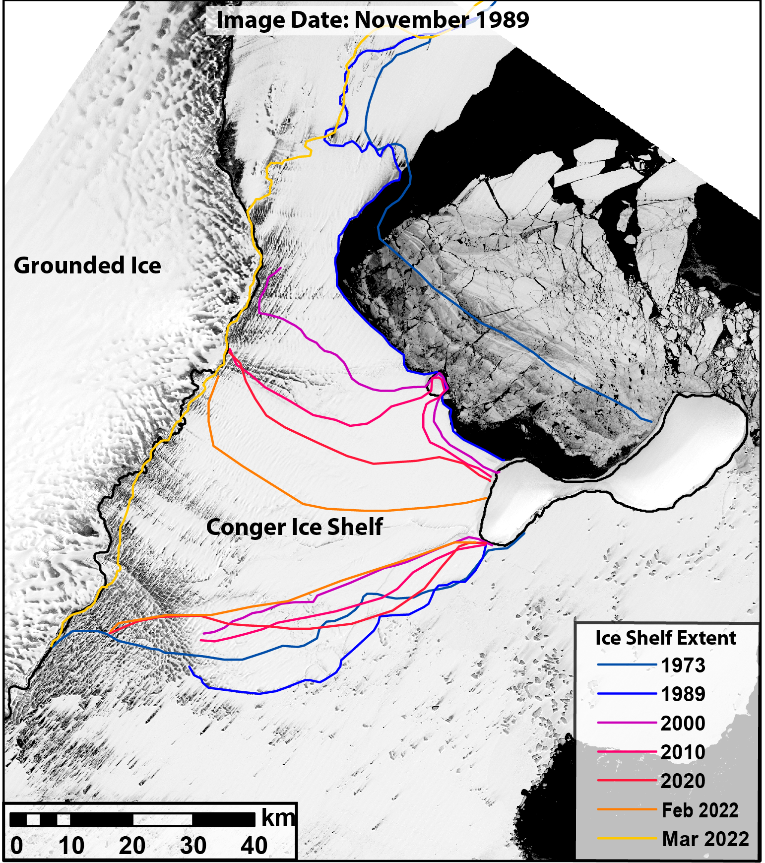 Conger mapped from satellite images taken between 1973 and 2022. The ice shelf had been slowly breaking apart for 50 years. Bertie Miles/US Geological Survey, Author provided