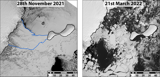 The Conger ice shelf (outlined in blue) before and after its final calving events. Bertie Miles/US Geological Survey/European Space Agency, Author provided