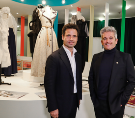Caption: Leo Fenwick and Store Director, Kieran McBride, with the garments created by students at Exhibition 140. Image by Maddie Gunson