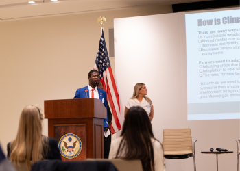 Caption: The programme culminated in a special Expo event, held at the U.S. Embassy in London, where the students formally presented their work to a panel of senior government officials and a senior leader in the third sector. Photo credit: U.S. Embassy London
