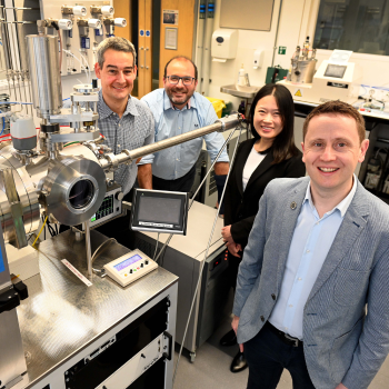 Caption: L-R:  Prof Guillaume Zoppi, Dr Vincent Barrioz, Dr Lu Xing and Prof Neil Beattie from the ReNU+ team at Northumbria University 