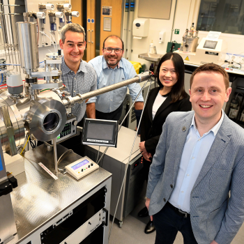 Caption: L-R: Prof Guillaume Zoppi, Dr Vincent Barrioz, Dr Lu Xing and Prof Neil Beattie from the ReNU+ team at Northumbria University
