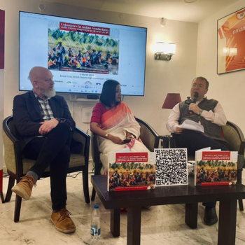Caption: Professor Matt Baillie Smith and Sumana Banerjee with Dr Andrew Fleming.