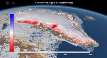 Caption:Areas in red highlighting changes to the thickness of Greenland's ice sheets between 1992-2020