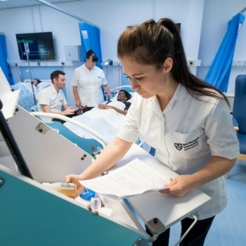 Some of the 18-month nursing degree apprentices undergoing their training in Northumbria University’s Clinical Skills Centre.