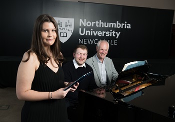 Caption: Caitlin Hedley, Jeremy Teasdale, and Allan Colver - the first students to graduate from Northumbria's Music BA (Hons) degree