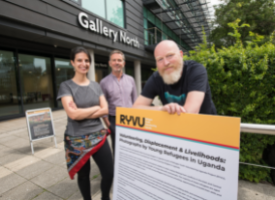 Caption: Dr Bianca Fadel (left) and Professor Matt Baillie Smith (right) are joined by Associate Professor Steve Gilroy (centre), Deputy Head of Arts at Northumbria, for the installation of the RYVU exhibition.