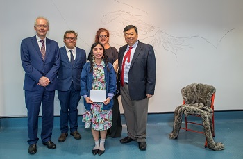 Caption:From L-R Professor Andrew Wathey CBE, Professor Dean Hughes, BALTIC Director Sarah Munro and Mr Wee Teng Woon with Woon Prize winner Chika Annen