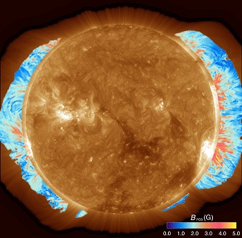 caption:A map of the coronal magnetic field strength superimposed on a coronal image taken by the AIA instrument on the Solar Dynamics Observatory (Yang et al. 2020, Science).