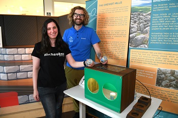 Caption:Suzanne PhD researcher at Northumbria University and Andrew Mitchell Digital Officer at Northumberland National Parks Authority with the ARcheoBox 