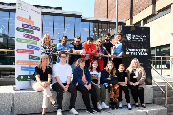 A group of young adults outside Student Central at Northumbria University about to embark on a supported internship programme