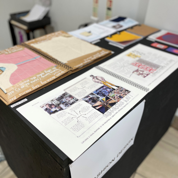 Caption: A postgraduate design degree portfolio displayed in the School of Design.