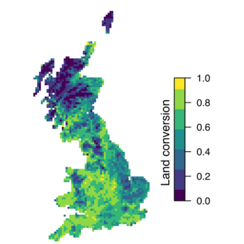 Caption: The proportion of land converted within each 10km x 10km grid square in Great Britain between the 1930s-40s and 2007. Higher values indicate that more land changed use in that area, and lower values indicate that less land changed use (Credit: Suggitt et al., CC BY-SA 4.0 Deed).