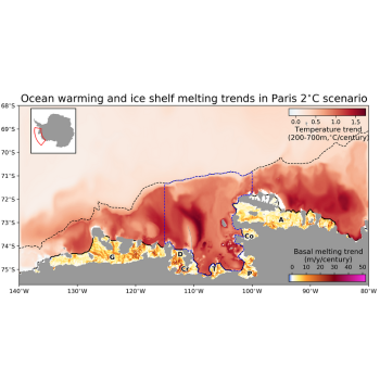 Caption: Simulated ocean warming (red) and ice shelf melting (orange) under global warming of 2°C.  Above: Sea ice reflections around Rothera Point, home to a research station and British Antarctic Survey (BAS) base on the Antarctic Peninsula. Photo by Steve Gibbs.