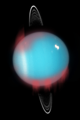 Caption:An artistic representation of how the northern infrared aurora would have looked like in 2006 (marked in red). The darker red locations indicate confirmed aurora locations, with fainter red used to mark possible aurora locations. Credit to NASA, ESA and M. Showalter (SETI Institute) for the background image of Uranus, as was observed by the Hubble Space Telescope (in the visible spectrum) in August 2005.