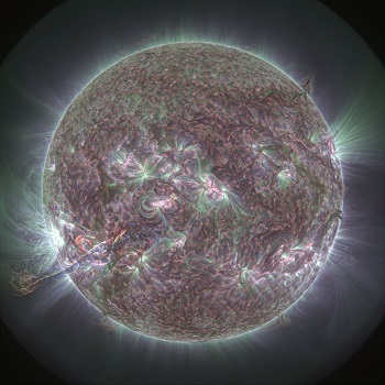 Caption:Solar storms occur when highly-charged particles and plasma erupt from the Sun’s corona. Photo credit: NASA/SDO, with image processing by Dr Huw Morgan, Aberystwyth University.