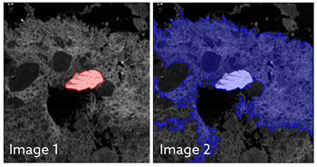 Caption: Image 1 shows the U-net algorithm correctly identifying the iceberg, which is surrounded by sea ice. The iceberg is highlighted in red. However, in image 2, the k-means algorithm has identified the iceberg and the sea ice as a single iceberg. It is unable to differentiate between the two, despite them being distinct objects, where sea ice is rather flat ice on the sea and an iceberg standing metres above it.