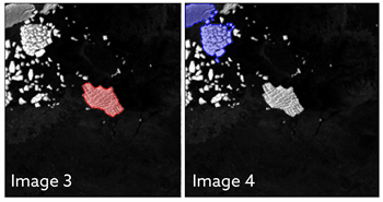 Caption: Image 3 shows shows the U-net algorithm correctly identifying the iceberg, which is highlighted in red. However, in image 4 you can see that the k-means algorithm has incorrectly identified a cluster of smaller icebergs and ice fragments, shown in blue, as one large iceberg. 