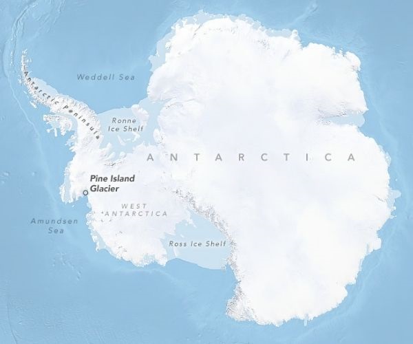 Caption: A map of Antarctica showing Pine Island Glacier’s location. Copyright NASA Earth Observatory.