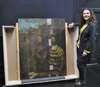 Caption:Nicky Grimaldi pictured with the panel painting from The Bowes Museum
