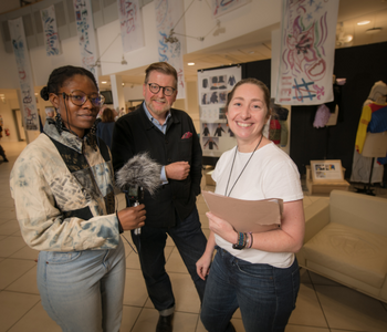 Caption: Nkumbu Mutambo (left) and Helen Simmons (right) join Deputy Head of Northumbria School of Design, Rod Adams, for a Designamite podcast episode.