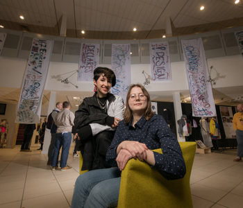 Caption: Graphic Design students Hajer Allenqawi and Luka Balciauskaite took part in the Design Declares workshop during the Design for Planet Festival.