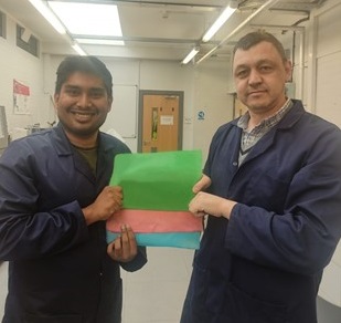 Caption:Dr Ulugbek Azimov (right) and Research Fellow Iftheker Ahmed (left), holding the new biopolymer material samples. 