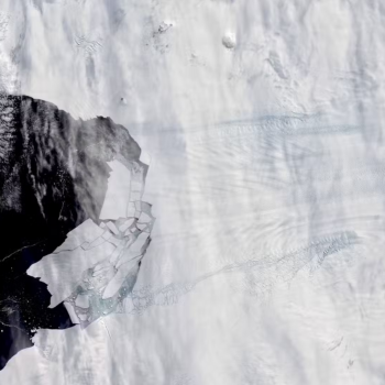 Caption: Pine Island Glacier spawning new icebergs in February 2020. LWM/NASA/LANDSAT / Alamy Stock Photo