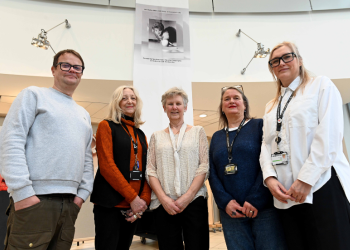 Caption: The Northumbria University team with Diane Greaves. Left to right: Technical Support Manager, Kenny Macrae;  Head of Fashion, Professor Anne Peirson-Smith; Diane Greaves; Head of Northumbria School of Design, Dr Heather Robson and Department Administrator, Naomi Warne.