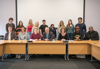 Caption:Sir Vince Cable pictured with students from Northumbria University's Mass Communication BA (Hons) programme