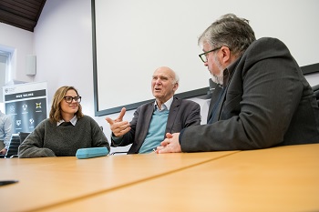 Caption:Sir Vince Cable pictured with Senior Leader Higher Apprenticeship student Louise Horsefield, and Professor of Organization and Business Ethics Ron Beadle.