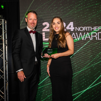 Caption: Northumbria student Saffron Sinclair being presented her award by Mark Dale, Principle Consultant at Nigel Wright Recruitment.