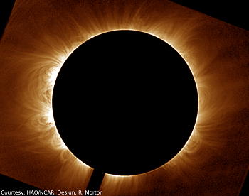 Caption:An image showing the Sun’s disc blocked out by a coronagraph, having a similar effect as the moon during a solar eclipse. The image is taken in infrared light. The bright wispy, hair-like features are where the Sun’s gas is highlighting the magnetic field.  Courtesy: HAO/NCAR. Design: R Morton