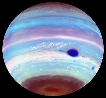 Caption:An artificially colored view of Jupiter observed in ultraviolet light. In addition to the Great Red Spot, which appears blue, another oval feature can be seen in the brown haze at Jupiter's south pole. The oval, an area of concentrated haze, is possibly the result of mixing generated by a vortex higher up in the planet's ionosphere. Troy Tsubota and Michael Wong, UC Berkeley