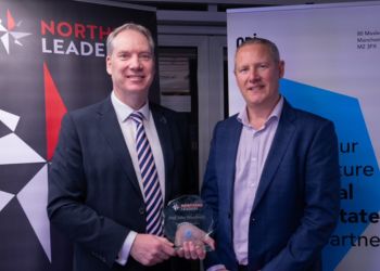 Professor John Woodward accepts Education Champion Award from Andy Dunn of CG Professional at Northern Leaders Awards 2025