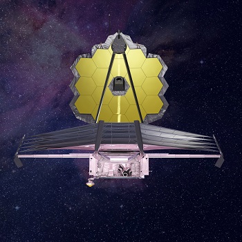 Caption:An illustration of the Webb telescope showing the segmented mirror and layered sunshield. Image credit: NASA, ESA, CSA, Northrop Grumman