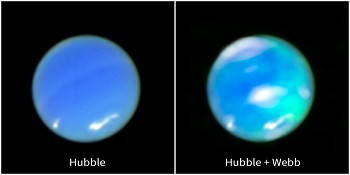 Caption:Neptune’s auroras as captured by the Hubble Space Telescope and James Webb Space Telescope.