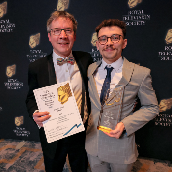 Caption:Will Croston pictured with Northumbria University co-director of cultural partnerships Neil Percival at the RTS regional awards