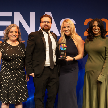 Caption: Northumbria University’s Tom Smith, UK Student Recruitment and Access Manager, and Sarah Hall, Student Recruitment and Access Coordinator, are pictured with the Campaign of the Year Award.