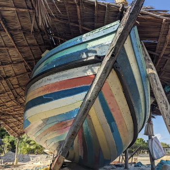 Caption: Flipflopi boat made from plastic waste collected in Lamu, Kenya.