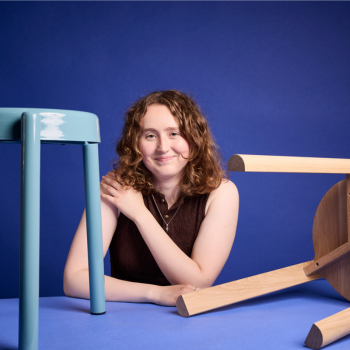 Caption: Libby Hutton with her project, The Bakery Stools. Photo credit, Gary Morrisroe.