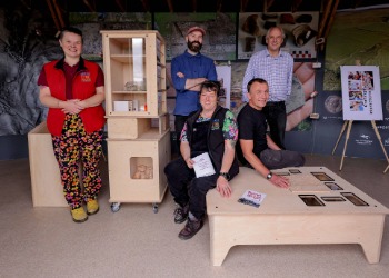 caption:New Furniture for Roundhouse Museum (Fritha and Catherine from North Tyne Youth, Henry Collingham, Lord Redesdale, and Will from Kids Kabin) 
