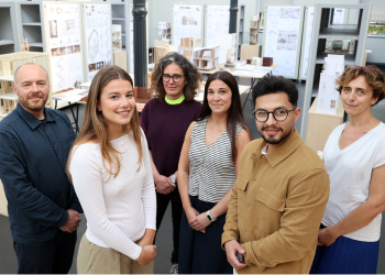 Caption: Left to right, pictured in Northumbria University’s Architecture studios in advance of the trip to the Venice Biennale are Paul Ring, Amber Morley, Francesca Lanz, Andrea Couture, Khalil Abdulrahman with Marta Averna from Politecnico di Milano and the UAH! project team.