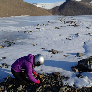 Caption:Dr Kate Winter collecting glacial sediments in Dronning Maud Land. Credit: Jacque Richon, IPF