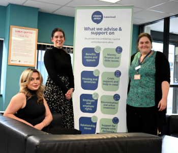 Caption: Northumbria student, Elle Fox and Dr Lyndsey Bengtsson from Northumbria's Law School, with Arianne Graven, Service Manager from Citizens Advice Gateshead.
