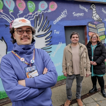 Caption: Northumbria University Graphic Design student, Adam Graham, with Converge Northumbria student Mark Clemmett and Director of Converge Northumbria, Ally Hunter-Byron.