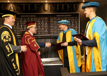Caption:Ceremony - Northumbria University Chancellor - George Clarke, NUFC Player - Dan Burn, NUFC Head Coach - Eddie Howe, Northumbria University Vice-Chancellor - Professor Andy Long