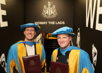 Caption:Dan Burn NUFC and Eddie Howe NUFC Head Coach