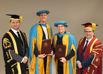 Caption:Northumbria University Chancellor - George Clarke, NUFC Player - Dan Burn, NUFC Head Coach - Eddie Howe, Northumbria University Vice-Chancellor - Professor Andy Long
